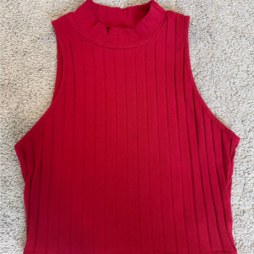 Red Sleeveless Mock Neck Top